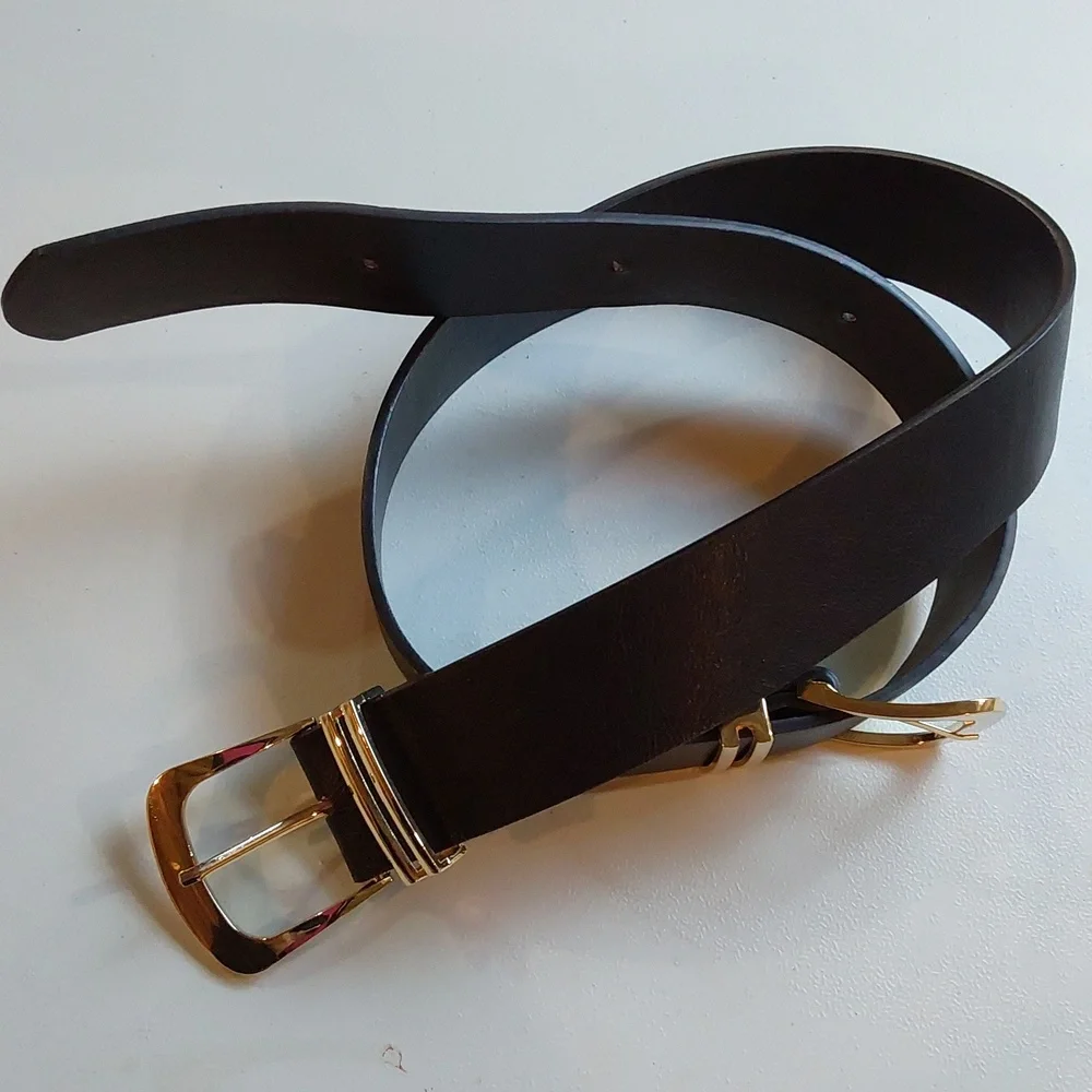 Womens Edgy Black Leather Belt with Double Gold Buckles Adjustable Mod Sz.M/L
